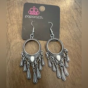 Paparazzi Silver Tone Teardrop Chandelier Earrings with White Accent NWT